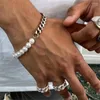 Charm Bracelets Hip Hop Pearl Cuban Chain Panel Men Bracelet Retro Silver Color Alloy For Women Rock Street Jewelry