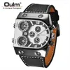 Polshorloges oulm heren horloges polshorloge quratz casual lederen riem sport multi temporal zone klok grote wijzerplaat waterdicht horloge