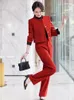 Women's Two Piece Pants Coffee Orange Red Women Jacket And Pant Suit Blazer Female Ladies Long Sleeve O-Neck Casual 2 Set For Autumn Winter