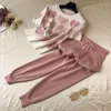 Women's Tracksuits ZAWFL Autumn Winter Fashion Sweet Love Print Beading Pullover Tops Double Pocket Lace Up Trousers Knit Two-piece Sets