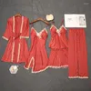 Dames slaapkleding 5 stcs Pyjamas Set satijn nachthemd vrouwen gewaad kimono jurk 2023 sexy kanten nachtkleding loungewear badjas met pads