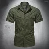 Men's Casual Shirts Mens Military Shirt Short Sleeve Cargo Cotton Solid Man Pocket Work Green Khaki Hiking Fishing 5XL