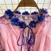 Grundläggande casual klänningar sommarkvinnor blommor dekorativ o-hals snörning tie-dye blommor tryck kort klänning vestidos hög midja lång ärm265z