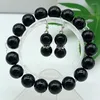 Halsbandörhängen Set Vackra 12mm Black Agate Onyx Round Beads Armband 7,5 tum Damsmycken