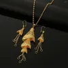 Necklace Earrings Set Ethiopian Wind Chimes Pendant Gold Color Multilayer Dangle Jewelry For Women Arab Wedding Jewels