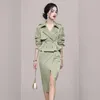 Two Piece Dress Spring Autumn Elegant 2 Set Women Double Breasted Crop Trench Coats Tops And High Waist Split Pencil Skirts Suits