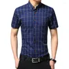 Men's Casual Shirts 2023 Blue Checked Shirt Men Single Breasted Lapel White Grey Red Camisa Business Chemise Plus Size S-5XL