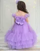 2023 Lavendel Sheer Neck Flower Girl Dresses A-Line TuLle Tiers Satin Vintage Lit Tle Girl Peateant Jurken Jurken Zj407