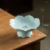 Plates Lotus Tall Feet Chinese Modern Drainable Relief Hollow Fruit Bowl Desktop Pastry Dishes Light Blue