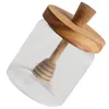 Servis uppsättningar glas honung burk burkar lockar små behållare sirap pot lagring dipper trä dispenser klar
