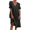 Casual Dresses Women's Up Solid Color Linen V Neck Loose Short Sleeve Dress Long