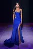 Prom Party Gown Royal Blue Evening Dresses Formal Mermaid Sweetheart Sleeveless Sweep Train Satin Beaded Sequins Lace Up Zipper Split Front/Side New Custom