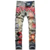 Style Punk Blue Multi Pocket Slim Fit Elastic Printing and Dyeing Small Straight Sleeve Men's Jeans 3367 Size 29-38