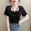 Women's T Shirts 2023 Summer Unique Hollow Out Square Neck Top Fashion Bow Short Sleeve T-shirt Slim Fit And Bottom Shirt Tops