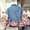 Kvinnors ytterkläder blå denimjacka Kvinnor Lykta ärm Korean Löst Autumn Vintage Tassel Lapel Flower Embroidery Net Yarn Streetwear Fashion 2024