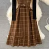 Deux pièces robe été haute qualité automne hiver femmes pull salopette robe ensembles décontracté hauts tricotés + robe en laine à carreaux 2 pièces ensembles tenues femme 2024