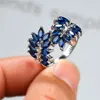 Wedding Rings Vintage Female Blue Crystal Stone Ring Dainty Silver Color Big For Women Trendy Zircon Leaf Engagement