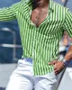 メンズカジュアルシャツ2023年夏、長袖の緑のストライププリントシャツソーシャルラグジュアリーパーティードレスハワイアンエレガントなクラシックファッション6xl