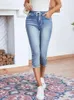 Jeans pour femmes 2023 été haute élasticité déchiré mollet longueur mode maigre Denim crayon pantalon taille élastique à lacets