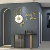 壁の時計ゴールデンアイアンハンギングクロックリーフシェイプクォーツフロステスメタルフレーム針ディスプレイアクリルステッカーリビングルーム