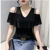 Women's T Shirts 2023 Summer Short Sleeved Mesh T-shirt Fashion Casual V-Neck Diamond Ruffles Tops Off The Shoulder Blusas