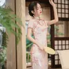 Etnik kıyafet artı boyut 4xl kadın uzun qipao zarif klasik baskı çiçek cheongsam vintage mandalina yaka geleneği Çinli elbise