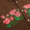 Chemises décontractées pour hommes American Rose Broderie Velours Côtelé Chemise À Manches Courtes Pour Hommes Et Femmes Hip Hop D'été Veste Lâche Streetwear Y2K