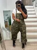 Combinaisons grande taille pour femmes barboteuses militaire Camouflage imprimé Baggy Cargo combinaison pour femmes 2023 décontracté Spaghetti multi poches coupe ample body 230821