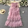 Sukienki swobodne szczupły styl na ramię Lotus liść krawędź siatka różowa sukienka do ciasta vestidos elegantes para mujer impreza polka kropka długie kobiety