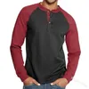 T-shirts pour hommes mode décontractée à manches longues bouton O cou couleur bloc T-shirt hommes automne petit haut