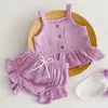 Clothing Sets Kids Baby Knit Set Summer Clothes Born Girls Solid Lace-up Knitted Backless Rompers Drawstring Shorts Beach Outfits