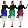 Casual Dresses Spring Autumn Gradient Print Pleated Long Women Elegant Sleeve Office Lady Work Wear A-Line Party Club Maxi Dress