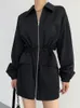 Women's Trench Coats Trendy High Street 2023 Fashion European And American Style Waist Cinched Sporty Long Coat For Women Black Jackets