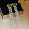 Rücken Ohrringe Statement Goldfarbe Perle Kette Vintage Grüne Stein herzförmige Lange Quastenclip auf kein Piercing für Frauen