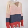 Women's Sweaters Women Long Sleeve V-Neck Sweater Ribbed Knitted Striped Pullover Tops Vintage Ripped Distressed Loose Drop