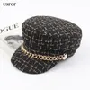 Berets USPOP women hats Tweed plaid sboy caps chain flat top visor cap vintage military female autumn winter 230821