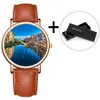 Wristwatches Fashion Women Quartz Watch Set For Beautiful Landscape Picture Wristwatch Leather Waterproof Light