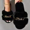 Slippers Fashion Chain Design Women Home Slippers Solid Color Open Toe Indoor 2022 Winter Flat Non-slip Leisure Interior Female Shoes HKD230821