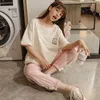 Women's Sleepwear M-3XL Summer Pijamas Set For Women Loungewear Short Sleeve Long Pants Lady Pajamas Cartoon Girl Cotton