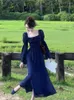 Casual Dresses Blue Square Neck Lantern Sleeve Dress Women Autumn Sweet Retro Elegant High Waist Ruffles Pleated Party Sundress Simple