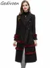 Femmes Laine Mélanges Gedivoen Printemps Mode Piste Noir Vintage Long Mélange Manteau Femmes Revers Double Poitrine Fausse Poche Plume Épissé 230818