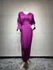 Этническая одежда мусульманское вечернее платье Женщины абая элегантные твердые атласные платья макси Дубай V шея с длинным рукавом слабая пояс для вечеринок 2023