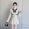 Two Piece Dress 2023 Women Short Bowknot Beading Tweed Woolen Coat and High Waist Pleated Skirts 2pcs Set Female Outfits Pieces Suits 230818