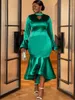 Casual jurken Women Green Satin V Nek uitgesneden lange flare mouw bodycon onregelmatige ruches zeemeermin avondcocktail party jurk 2023