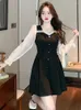 Robes décontractées coréen Vintage noir robe courte printemps femmes à manches longues mince a-ligne 2023 élégant Kawaii robes de bal