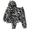 Mulheres para dormir femininas pijamas com capuz quente define o lã de coral casual outono inverno 2 pcs flanela zebra impressão homesuit lounge desgaste