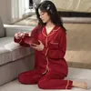 Women's Sleepwear Year Gift Spring Summer Button Cardigan Soft Stain Long Sleeve Pajamas Set Women Red Silk Homewear