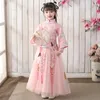 Ethnic Clothing Lace Embroidery Pink Girl Dress Birthday Party For Wedding Gown Chinese Years Qipao Kids 2023