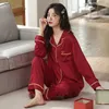 Women's Sleepwear Year Gift Spring Summer Button Cardigan Soft Stain Long Sleeve Pajamas Set Women Red Silk Homewear