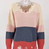 Women's Sweaters Women Long Sleeve V-Neck Sweater Ribbed Knitted Striped Pullover Tops Vintage Ripped Distressed Loose Drop